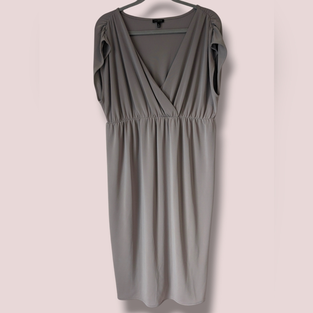 Talbot's Taupe Ruched Gathered V-Neck Cap Sleeve Midi Dress Minimalist Basic XL